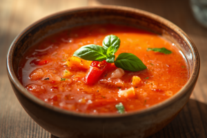 🍅🥒 Chilled Gazpacho with Vine-Ripened Tomatoes, Cucumber, Bell Peppers & Basil 🌿
