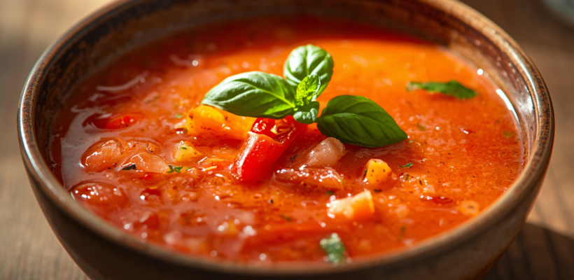 CookiClub.app - Chilled Gazpacho with vine-ripened tomatoes, cucumber, bell peppers, and basil