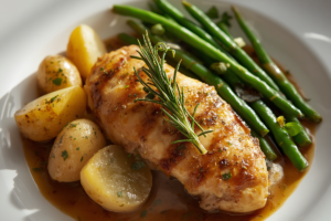 🌿🍗 Herb-Marinated Chicken Supreme with Baby Potatoes, Green Beans & Rosemary Jus 🥔🫛