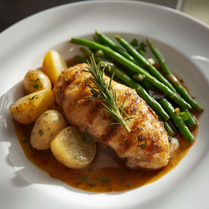 CookiClub.app - Herb-Marinated Chicken Supreme served with baby potatoes, green beans, and rosemary jus