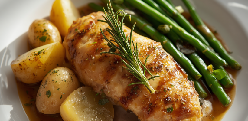 CookiClub.app - Herb-Marinated Chicken Supreme served with baby potatoes, green beans, and rosemary jus